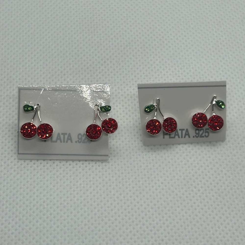 Cherry Stud Earrings with Red Crystals